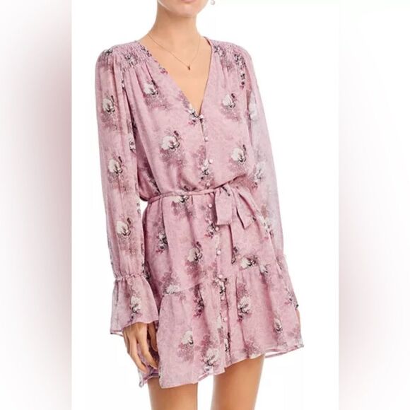 PAIGE Carmela Silk Mini Dress Sunrise Pink Floral Long‎ Sleeve Boho SMALL NWOT - Picture 1 of 15